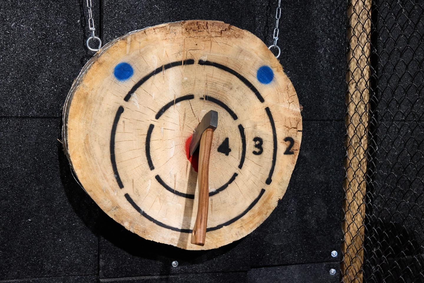 18 January 2024, Hamburg: An axe is stuck in a target in the WoodCutter. Hamburg's first axe-throwing bar, WoodCutter, was unveiled at a press event in Othmarschen Park. Photo: Georg Wendt/dpa (Photo by Georg Wendt/picture alliance via Getty Images)