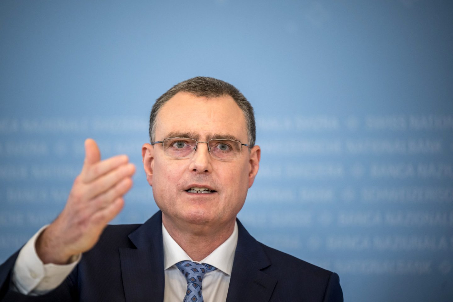 Chairman of Swiss National Bank (SNB BNS) Thomas Jordan gestures as he speaks during a press conference of the Swiss Central Bank on monetary policy assessment, in Zurich on March 21, 2024.