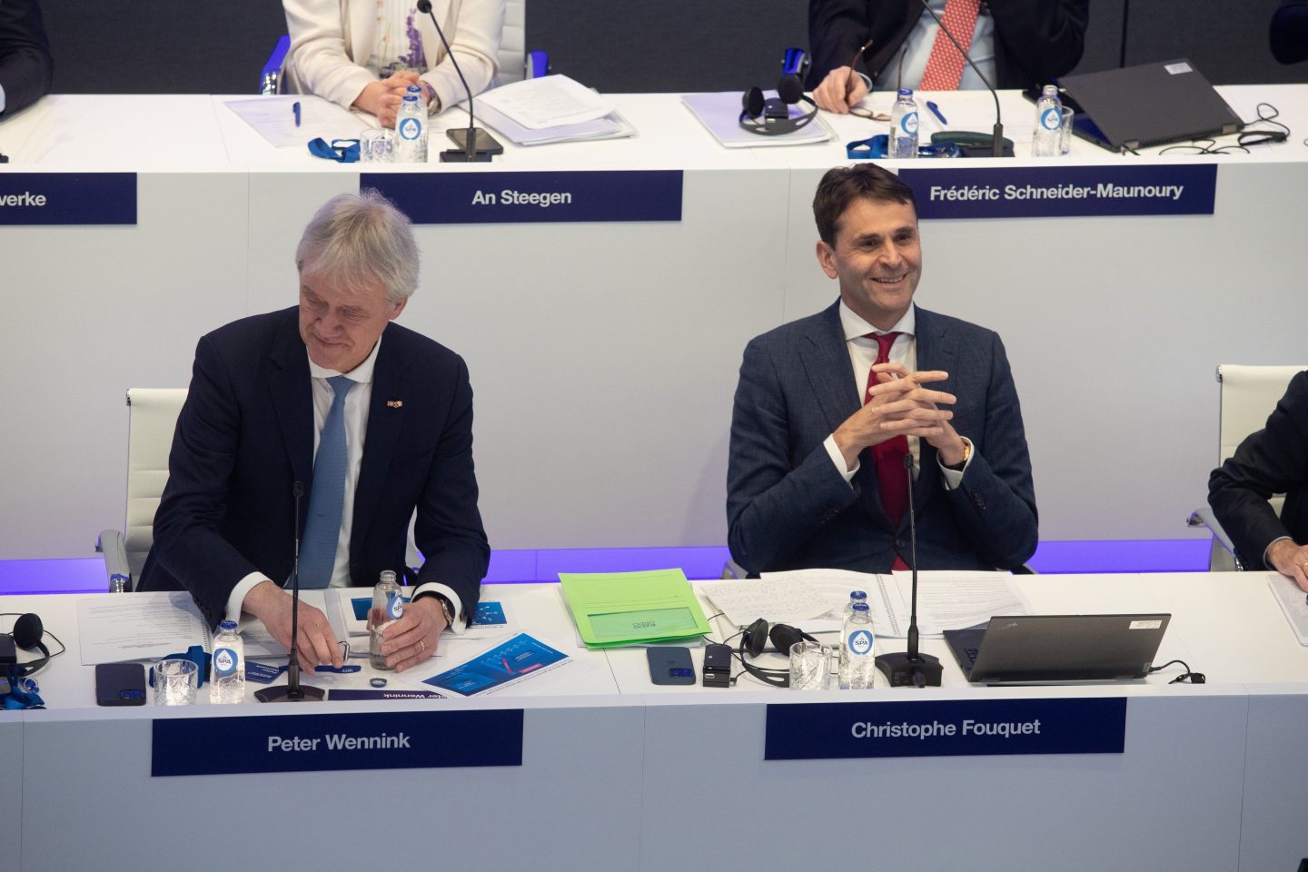 Peter Wennink (left) former CEO at ASML and Christophe Foucet (right) current ASML CEO at the company's annual general meeting in Veldhoven, Netherlands on April 24, 2024. Both men recently made comments about China's semiconductor industry.