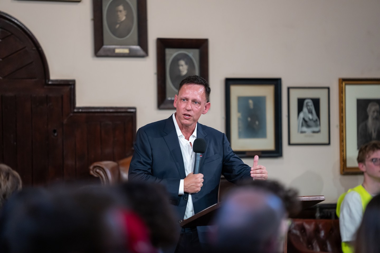 Enhanced Games backer Peter Thiel speaks at The Cambridge Union on May 8, 2024 in Cambridge, Cambridgeshire.