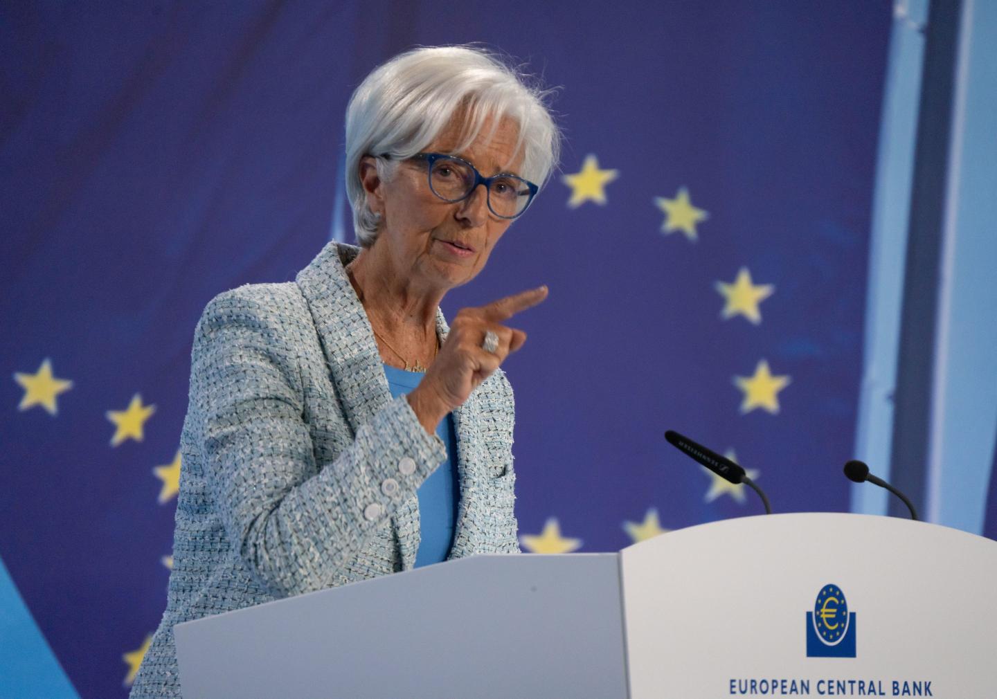 Christine Lagarde, President of the European Central Bank (ECB), gives a press conference after the Governing Council meeting.