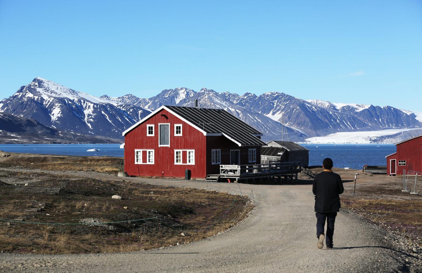 View of a road and homes in Ny-Alesund, Svalbard, Norway