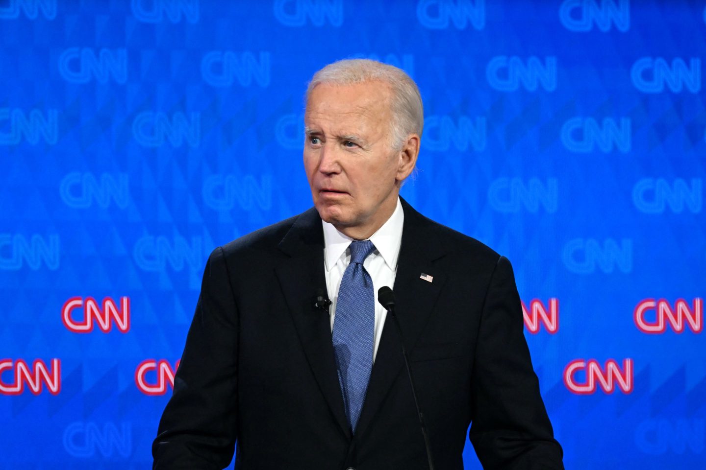 Joe Biden looks on as he participates in the first presidential debate of the 2024 elections with former president and Republican presidential candidate Donald Trump at CNN's studios in Atlanta, Georgia, on June 27.