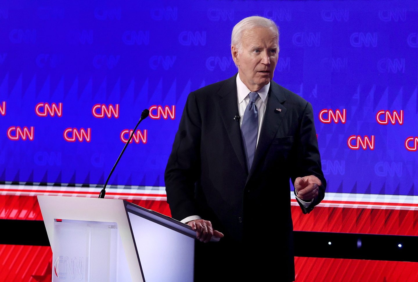 Joe Biden walks off stage during the CNN Presidential Debate at the CNN Studios on June 27, 2024 in Atlanta, Georgia.