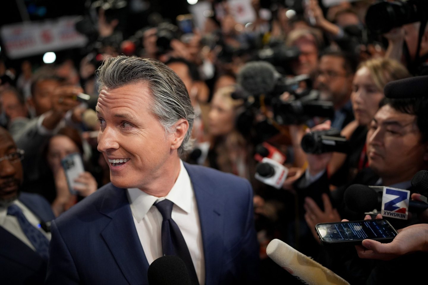 Gov. Gavin Newsom (D-CA) speaks to reporters in the spin room following the CNN Presidential Debate between U.S. President Joe Biden and Republican presidential candidate, former U.S. President Donald Trump on June 27, 2024 in Atlanta.