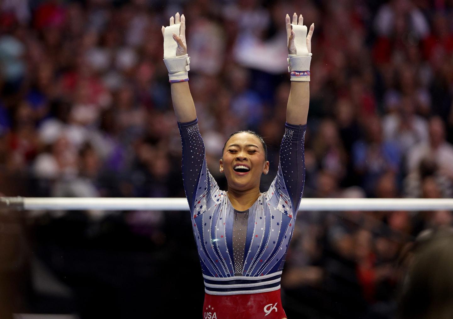 Suni Lee after the uneven bars on the fourth day of the 2024 U.S. Olympic Team Gymnastics Trials at Target Center in Minneapolis.