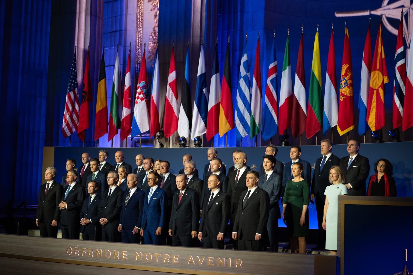 Heads of state pose for a group photo during the NATO 75th anniversary celebratory event at the Andrew Mellon Auditorium on July 9, 2024 in Washington, DC.