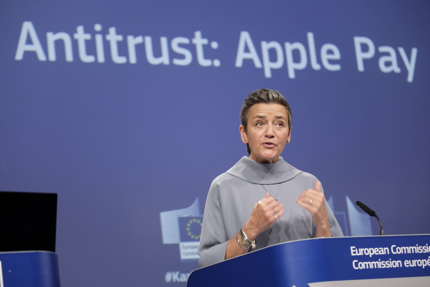 EU antitrust chief Margrethe Vestager talks to media about 'Apple Pay' in the Berlaymont, the EU Commission headquarters on July 11, 2024 in Brussels, Belgium.