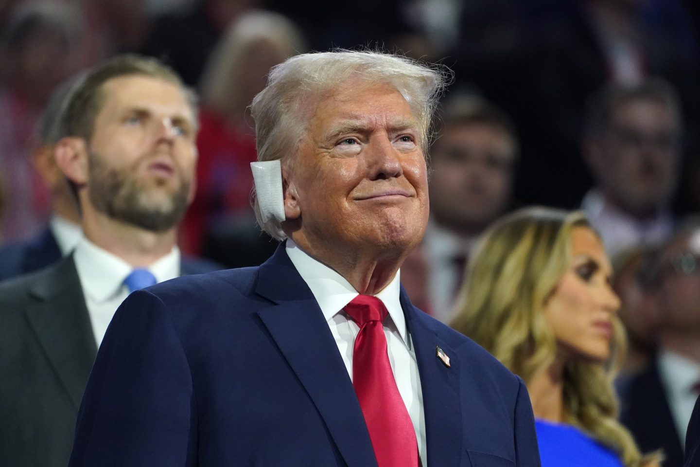 Former US President Donald Trump during the Republican National Convention at the Fiserv Forum in Milwaukee on July 15, 2024.