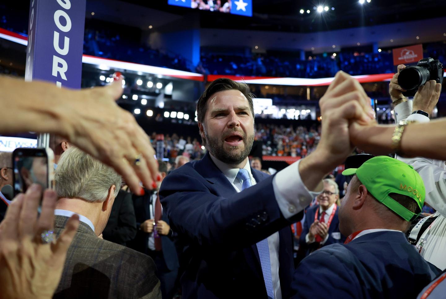 Trump's pick for Vice President, en. J.D. Vance (R-Ohio) arrives at the Republican National Convention on July 15, 2024 in Milwaukee, Wis.