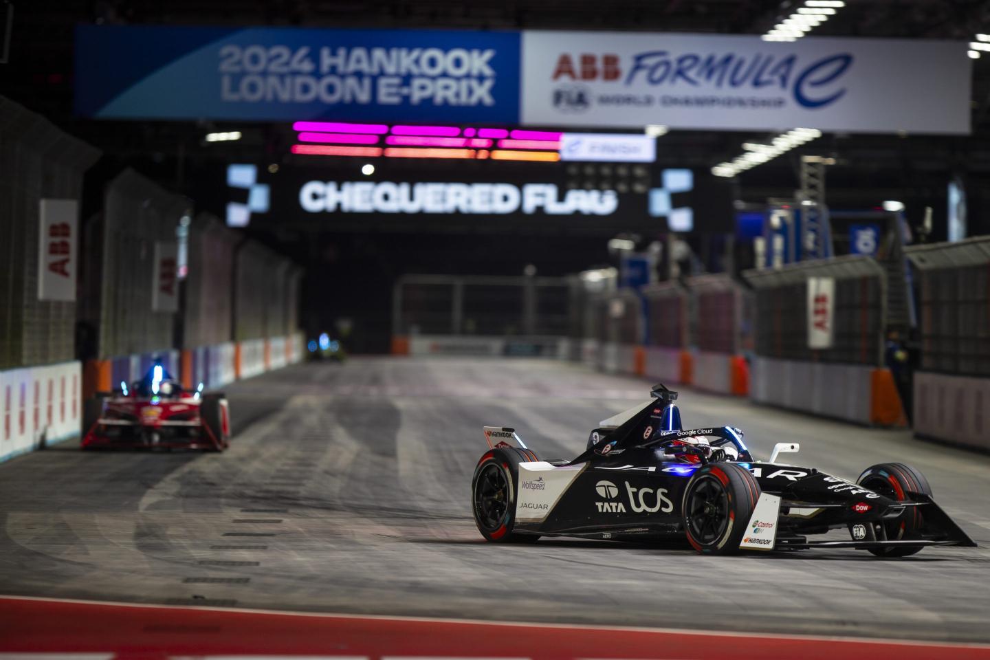 In this handout from Jaguar Racing, Mitch Evans, Jaguar TCS Racing, Jaguar I-TYPE 6 during qualifying at the London E-Prix, round 16 of the 2024 FIA Formula E World Champsionship at ExCel London on July 21, 2024 in London, England.