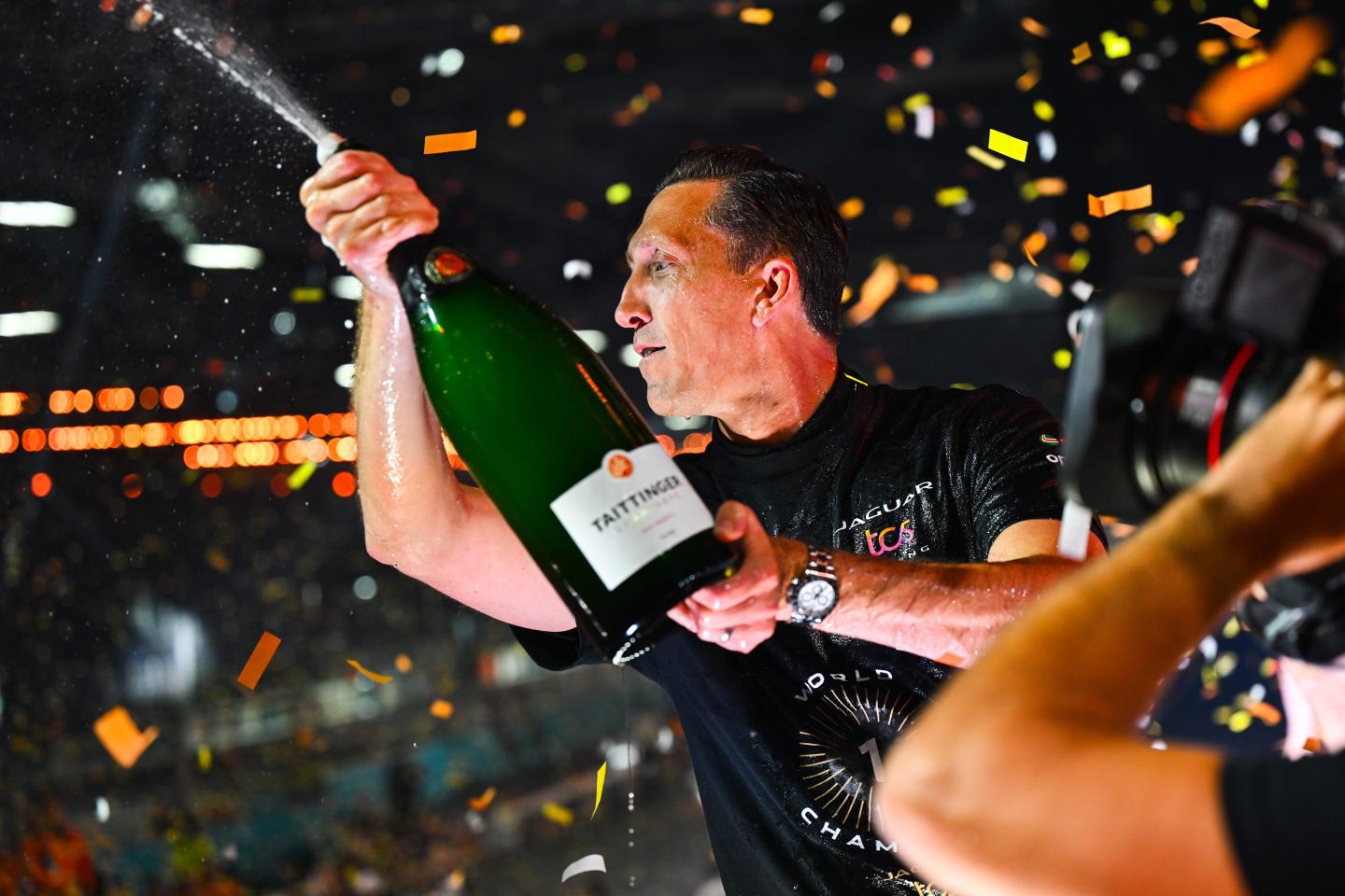 James Barclay, Team Director, Jaguar TCS Racing, celebrates winning the Team Championship on the podium during the London E-Prix, round 16 of the 2024 FIA Formula E World Champsionship at ExCel London on July 21, 2024 in London, England.