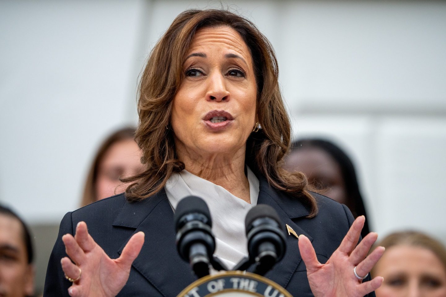 Vice President Kamala Harris speaking at a podium