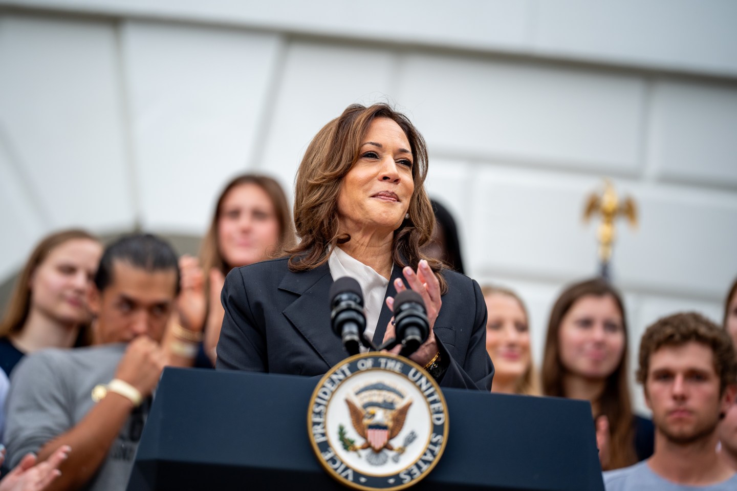 President Kamala Harris speaks during an NCAA championship teams celebration on the South Lawn of the White House on July 22.