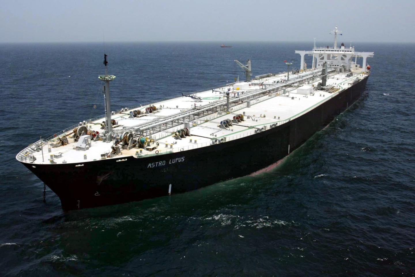 HOUSTON, TX - JULY 3: The Russian supertanker Astro Lupus waits to unload its cargo of the first direct shipment of Russian crude oil to the United States 03 July 2002 in the Gulf of Mexico 50 miles from Houston, Texas. Russia is the world's second largest oil exporter. (Photo credit should read POOL/AFP via Getty Images)