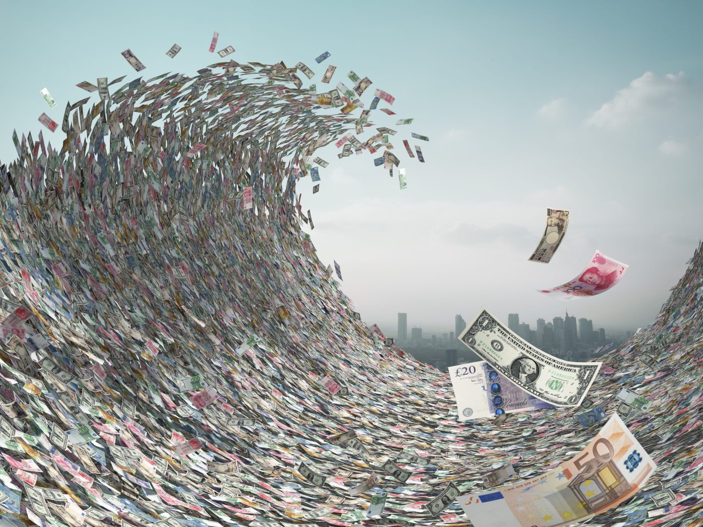 A wave of currency notes cresting and crashing