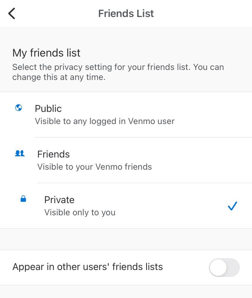 Screenshot of Venmo's settings for the Friends List under Privacy.
