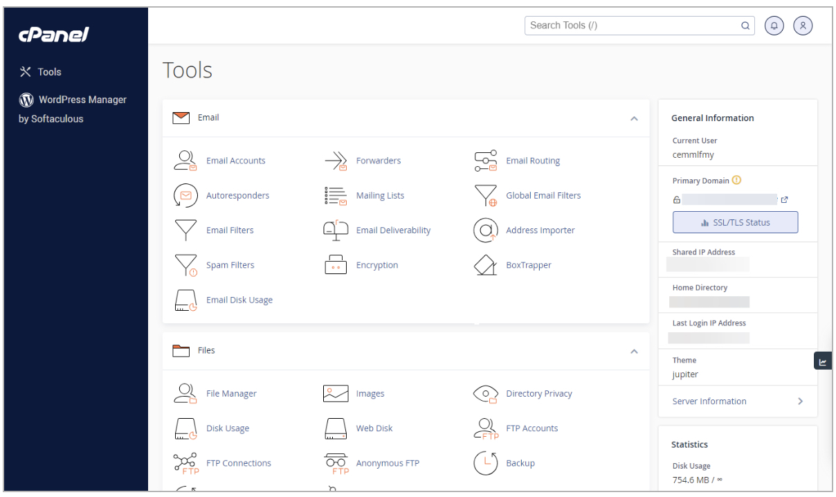 Image of Bluehost offering cPanel for managing a WordPress website