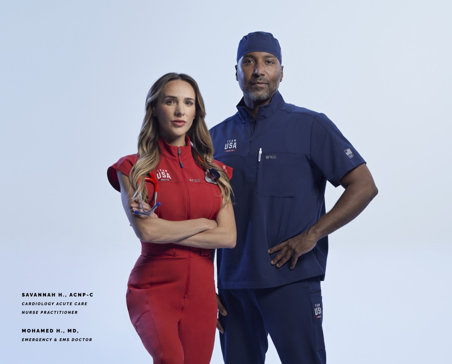Savannah H. (left), a cardiology acute care nurse practitioner, and Dr. Mohamed H., an emergency and EMS physician, wear Team USA Medical Team gear designed by Figs. More than 250 health care professionals will wear the uniforms at the 2024 Summer Olympics and Paralympics in Paris.
