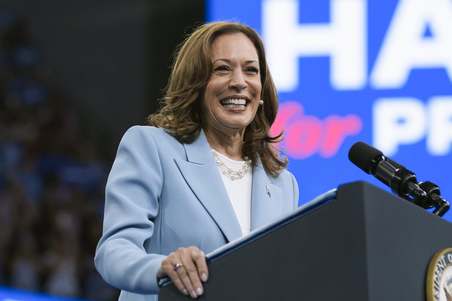 Vice President Kamala Harris speaks during a campaign rally, on July 30, 2024, in Atlanta.