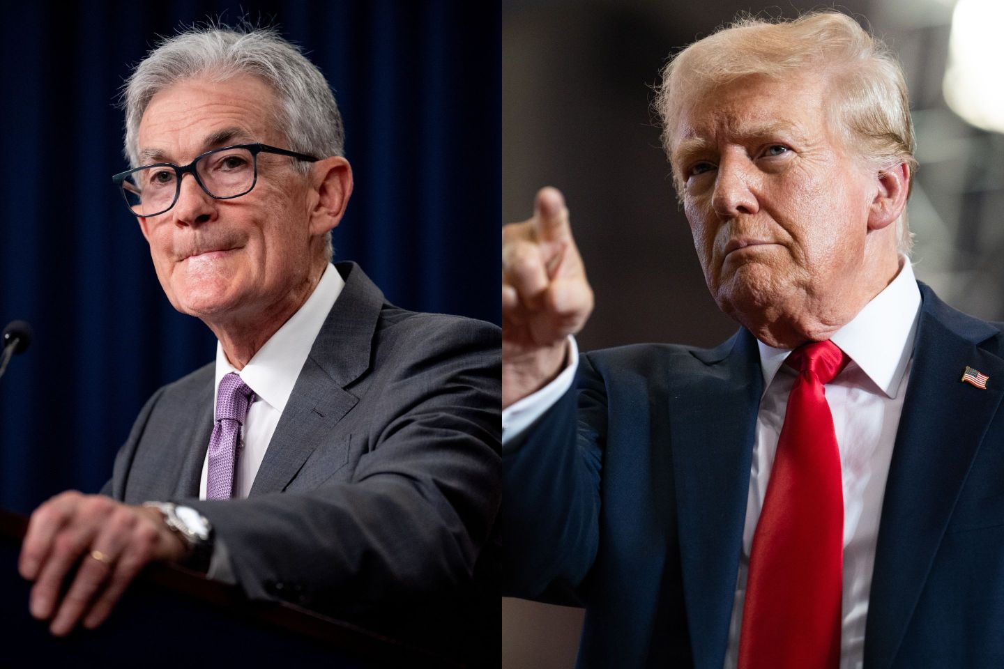 Left: Federal Reserve Chairman Jerome Powell. Right: U.S. Republican Presidential nominee former President Donald Trump