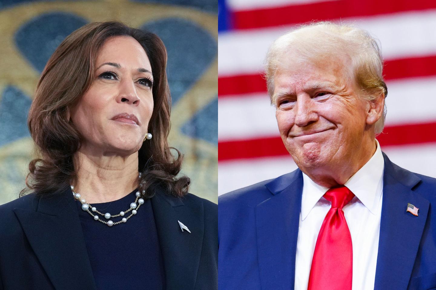 Left: WAYNE, MICHIGAN - AUGUST 08: Democratic presidential candidate U.S. Vice President Kamala Harris waits to speak at a campaign rally at United Auto Workers Local 900 on August 8, 2024 in Wayne, Michigan. Kamala Harris and her newly selected running mate Tim Walz are campaigning across the country this week. (Photo by Andrew Harnik/Getty Images). Right Republican presidential nominee, former U.S. President Donald Trump walks toward the stage to speak at a rally at the Brick Breeden Fieldhouse at Montana State University on August 9, 2024 in Bozeman, Montana. (Photo by Michael Ciaglo/Getty Images)