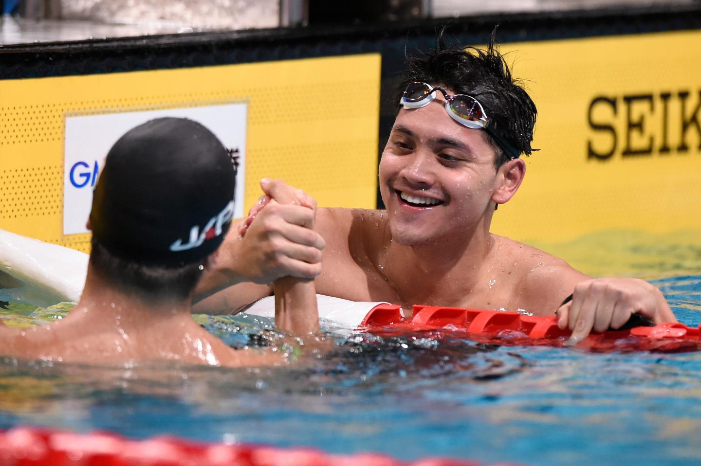 TOKYO, JAPAN - JUNE 02: Joseph Schooling of Singapore celebrates winning the Men's 100m Butterfly Final on day four of the Swimming Japan Open at the Tokyo Tatsumi International Swimming Center on June 02, 2019 in Tokyo, Japan. (Photo by Matt Roberts/Getty Images)