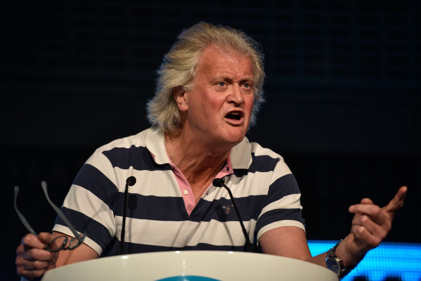 Wetherspoons pub founder Tim Martin talks at a Brexit Party rally on October 18, 2019 in London, England.