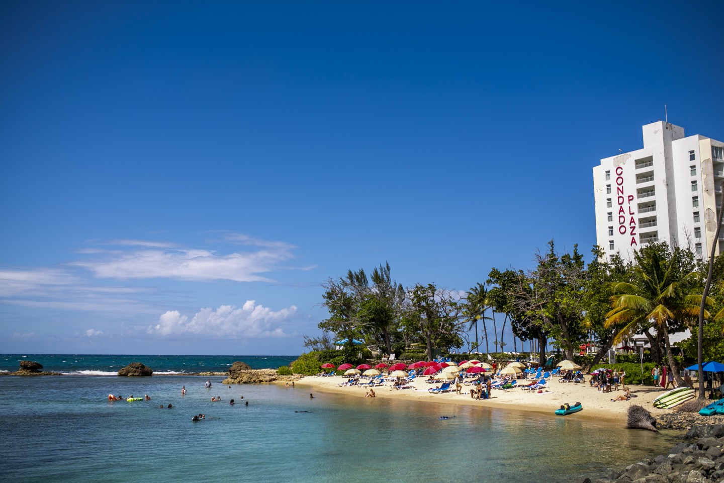 A beach in Puerto Rico adjacent to a tall white hotel, palm trees and people sun bathing