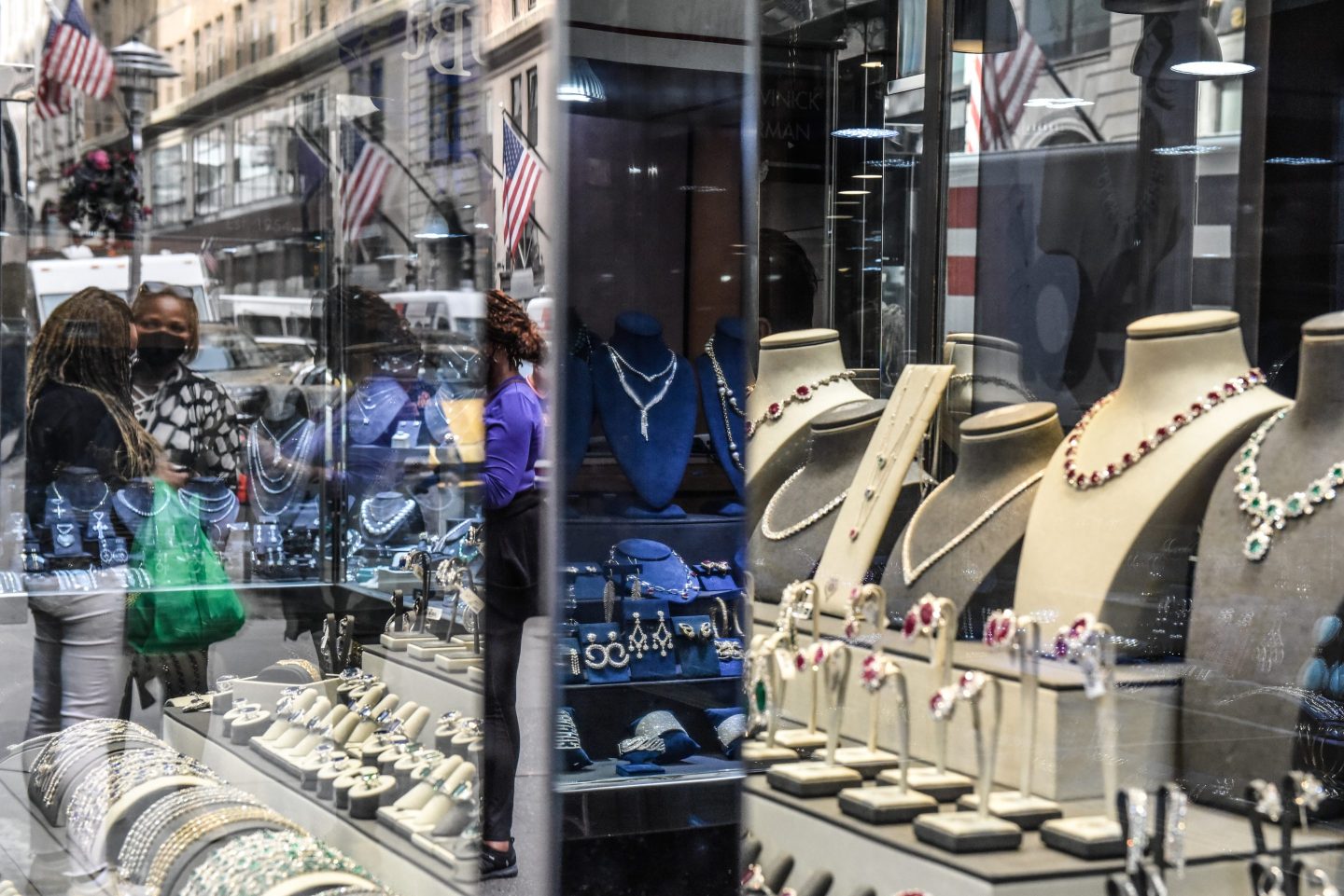 Diamond jewelry in the window of a store in the Diamond District