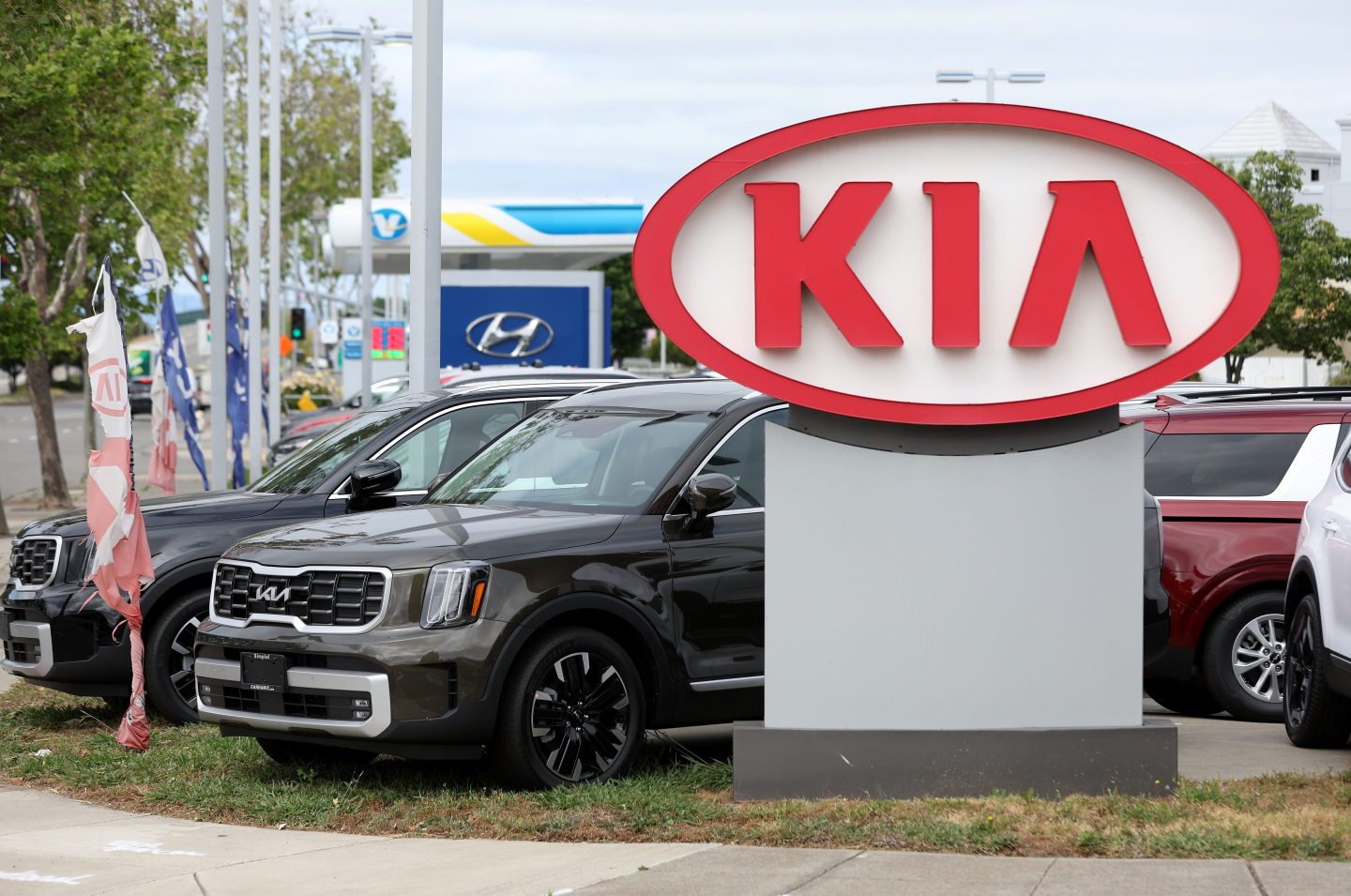 New Kia cars are displayed on the sales lot at San Leandro Kia on May 30, 2023 in San Leandro, California. A surge in Kia and Hyundai thefts began in 2022 after viral videos appeared on social media sites showing how to exploit the lack of antitheft computer chips in the cars.