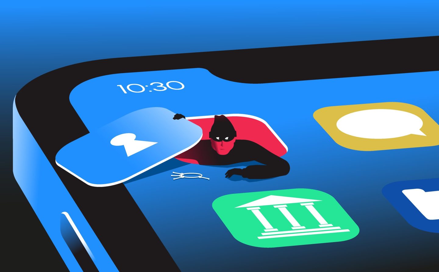 An illustration of a figure dressed as a burglar coming up through an app on a smartphone