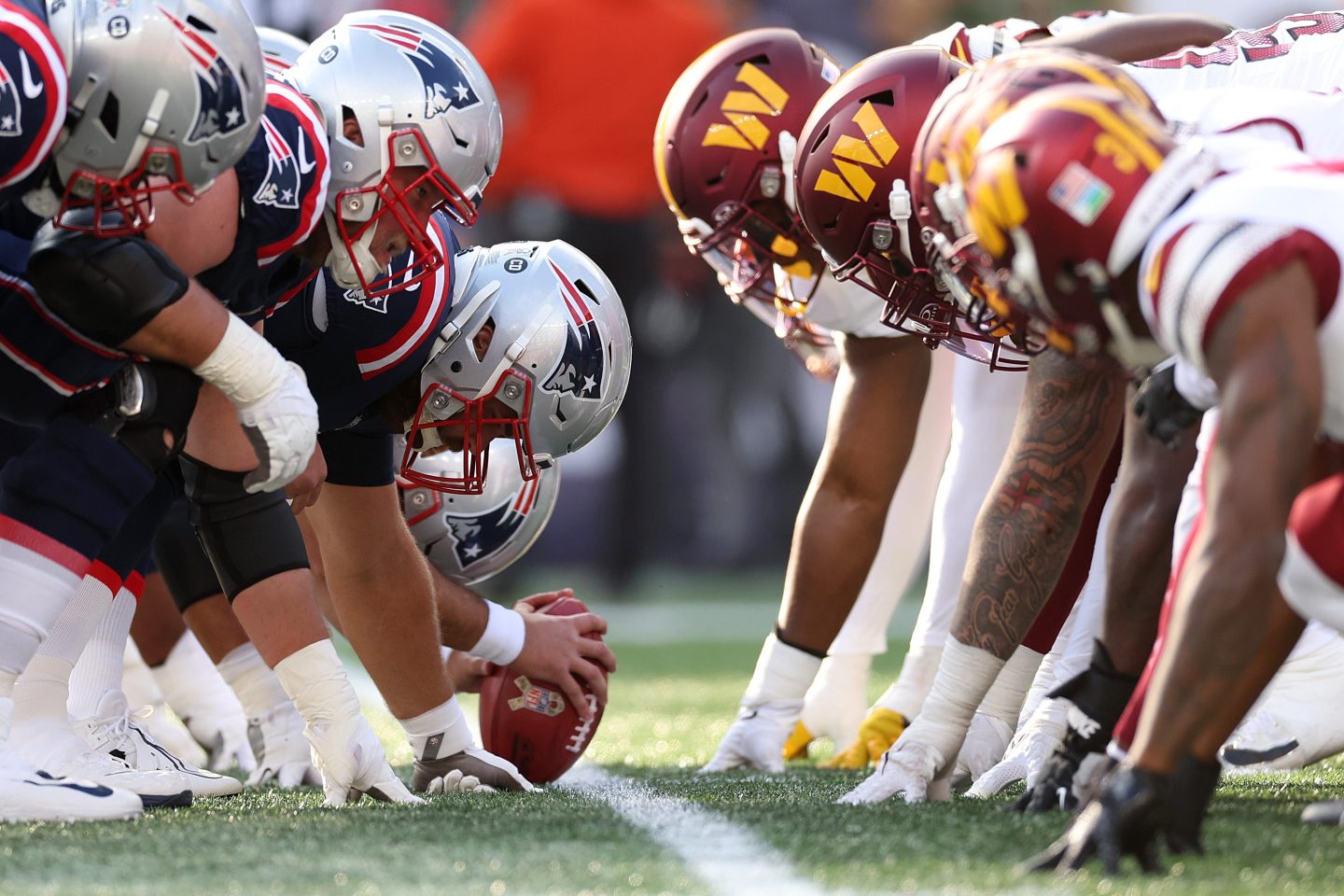 The Patriots will face the Commanders Sunday night.