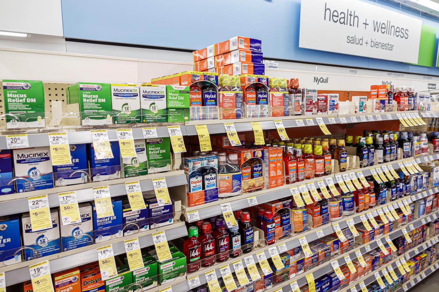 Miami Beach, Fla., Walgreens, Pharmacy over the counter cold and flu medicine, NyQuil, DayQuil, Mucinex.