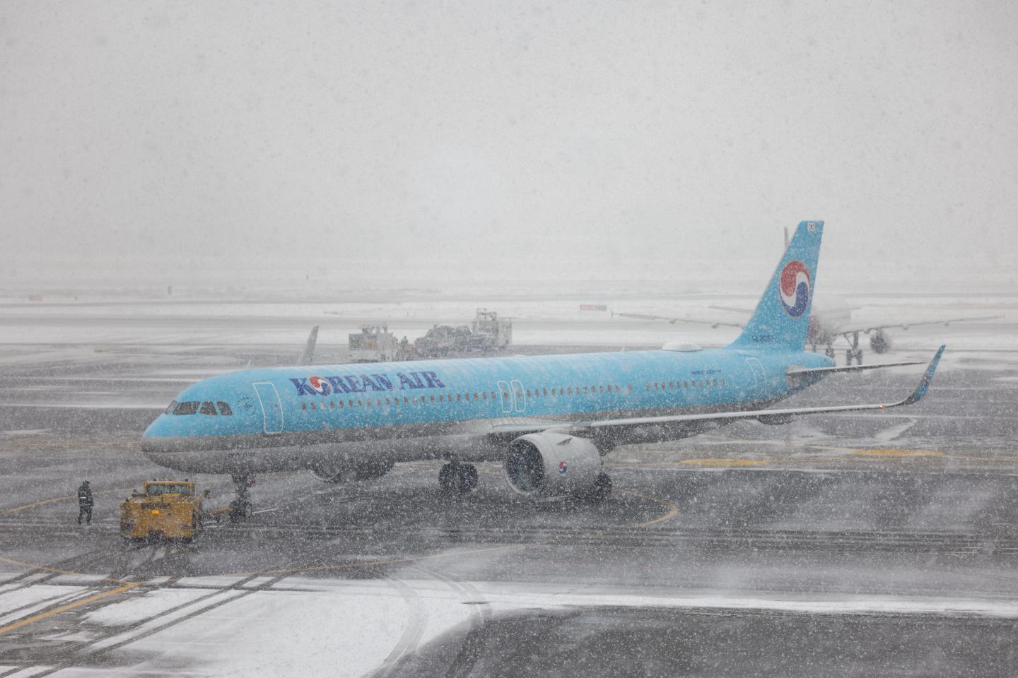 A Korean Air plane on the ground, in the rain, because this is a sad story