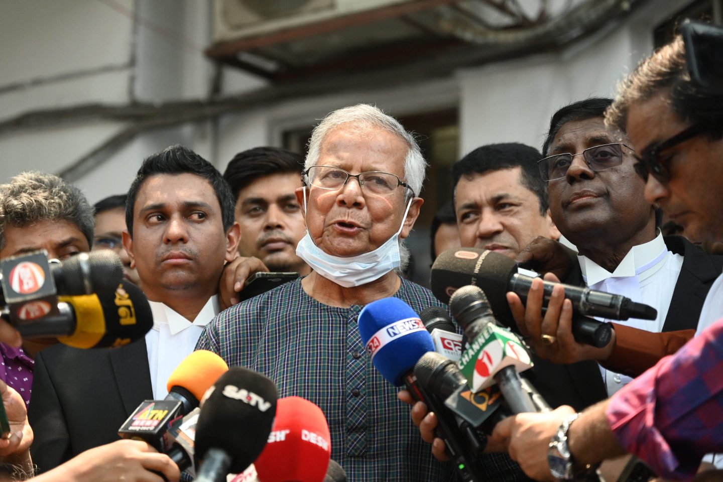 Professor Muhammad Yunus, the Bangladeshi Nobel Peace Laureate, addresses the media in Dhaka, Bangladesh, on April 16, 2024. Student leaders on Tuesday demanded the Nobel winner lead a caretaker government.