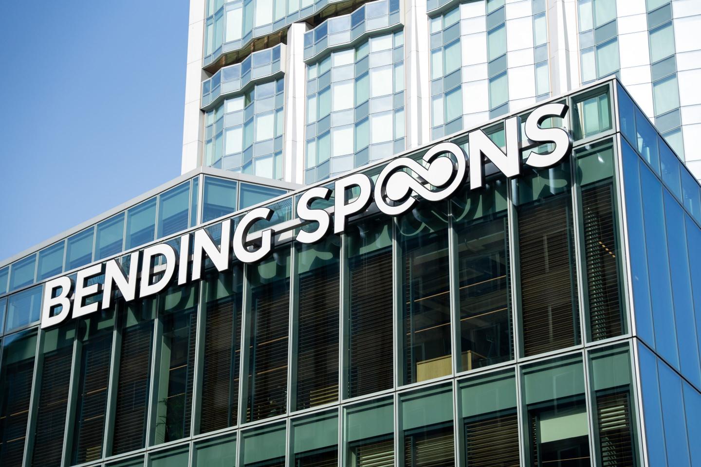 A logo on the Bending Spoons SpA heaquarters in the Porta Nuova district of Milan, Italy, on Monday April. 29, 2024. Bending Spoons's products include Remini, a generative AI-powered photo editor, and a mobile video editing app called Splice. Photographer: Francesca Volpi/Bloomberg via Getty Images