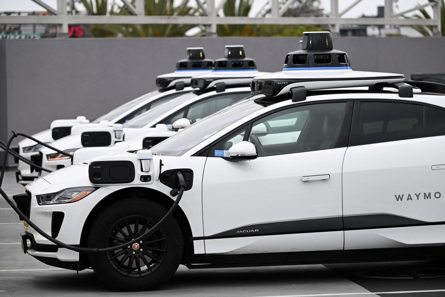 A line of Waymo self-driving electric cars-- all white Jaguars--being charged at a charging station.