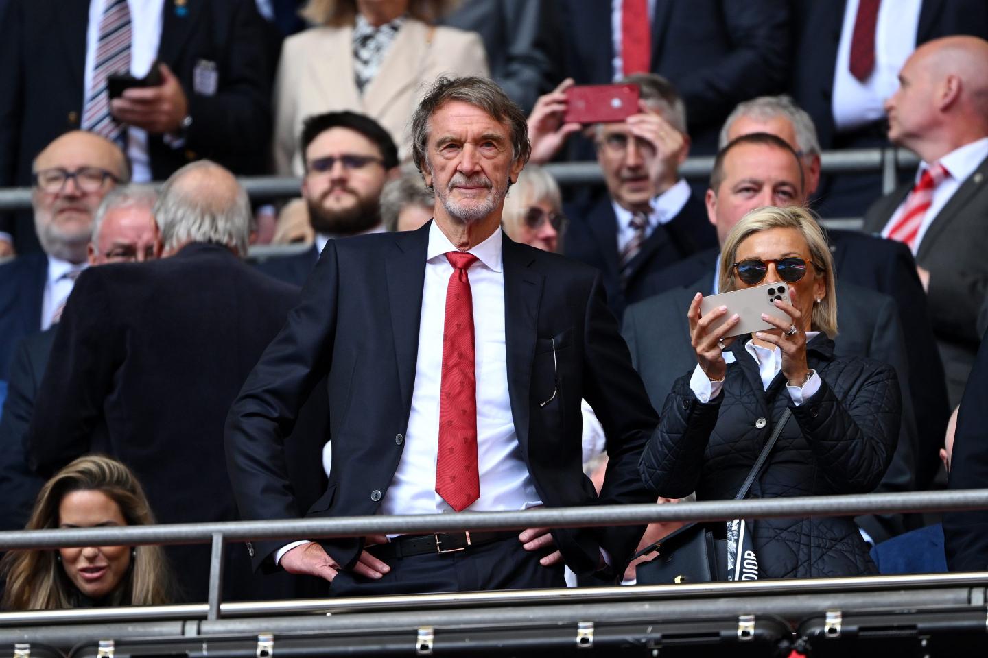 Sir Jim Ratcliffe, Minority Shareholder of Manchester United, looks on from the stands prior to the Emirates FA Cup Final match between Manchester City and Manchester United at Wembley Stadium on May 25, 2024 in London, England.