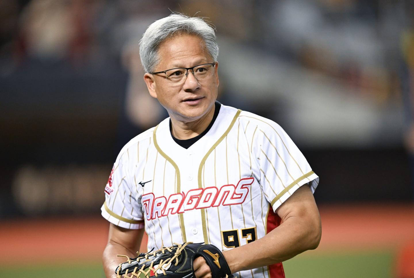 Nvidia CEO Jensen Huang practices prior to the CPBL game between CTBC Brothers and Wei Chuan Dragons at at Taipei Dome on June 01, 2024 in Taipei, Taiwan