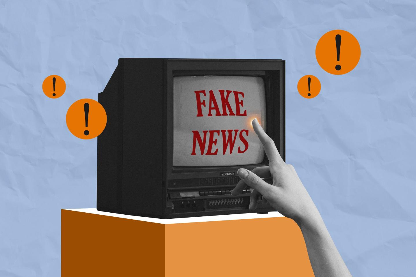 Hand Pointing at Fake News on Vintage Television Screen Collage Art. Floating exclamation mark, contemporary art.