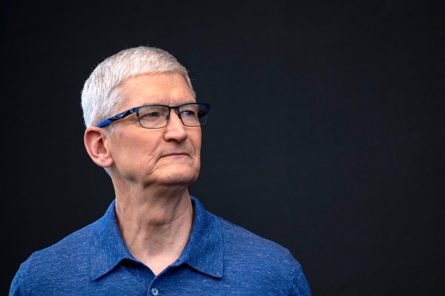 Tim Cook, chief executive officer of Apple Inc., during the Apple Worldwide Developers Conference at Apple Park campus in Cupertino, California, US, on Monday, June 10, 2024. The conference will show whether Apple Inc. can become a major player in the burgeoning field of artificial intelligence, marking a critical moment for a company forced to adapt to a new era. Photographer: David Paul Morris/Bloomberg via Getty Images