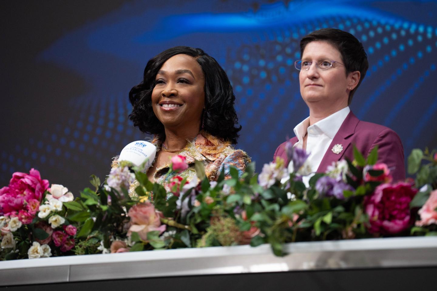 Shonda Rhimes (left) and LSEG CEO Julia Hoggett open the London Stock Exchange, after announcing that the Bridgerton universe has boosted the UK economy by more than a quarter of a billion pounds, supporting almost 5000 businesses over the past five years. Picture date: Friday June 14, 2024. (Photo by James Manning/PA Images via Getty Images)