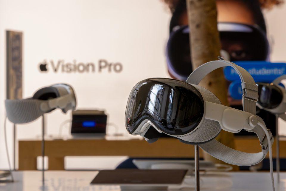 An <a href="https://fortune.com/company/apple/" target="_blank">Apple</a> Vision Pro headset on display during the product's UK sales launch at the Apple Inc. store on Regent Street in central London, UK, on Friday, July 12, 2024. When Apple unveiled the Vision Pro headset, the company promised to usher in a new era of what it calls spatial computing forever changing the way people use technology and consume media. Photographer: Betty Laura Zapata/Bloomberg via Getty Images