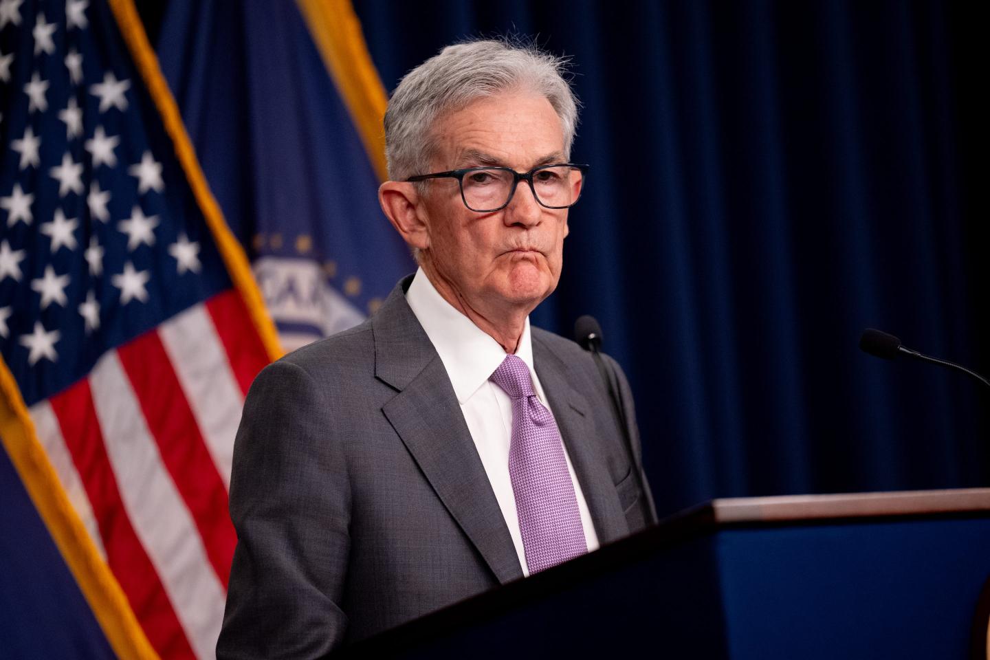Federal Reserve Chairman Jerome Powell takes a question from a reporter during a news conference following a Federal Open Market Committee