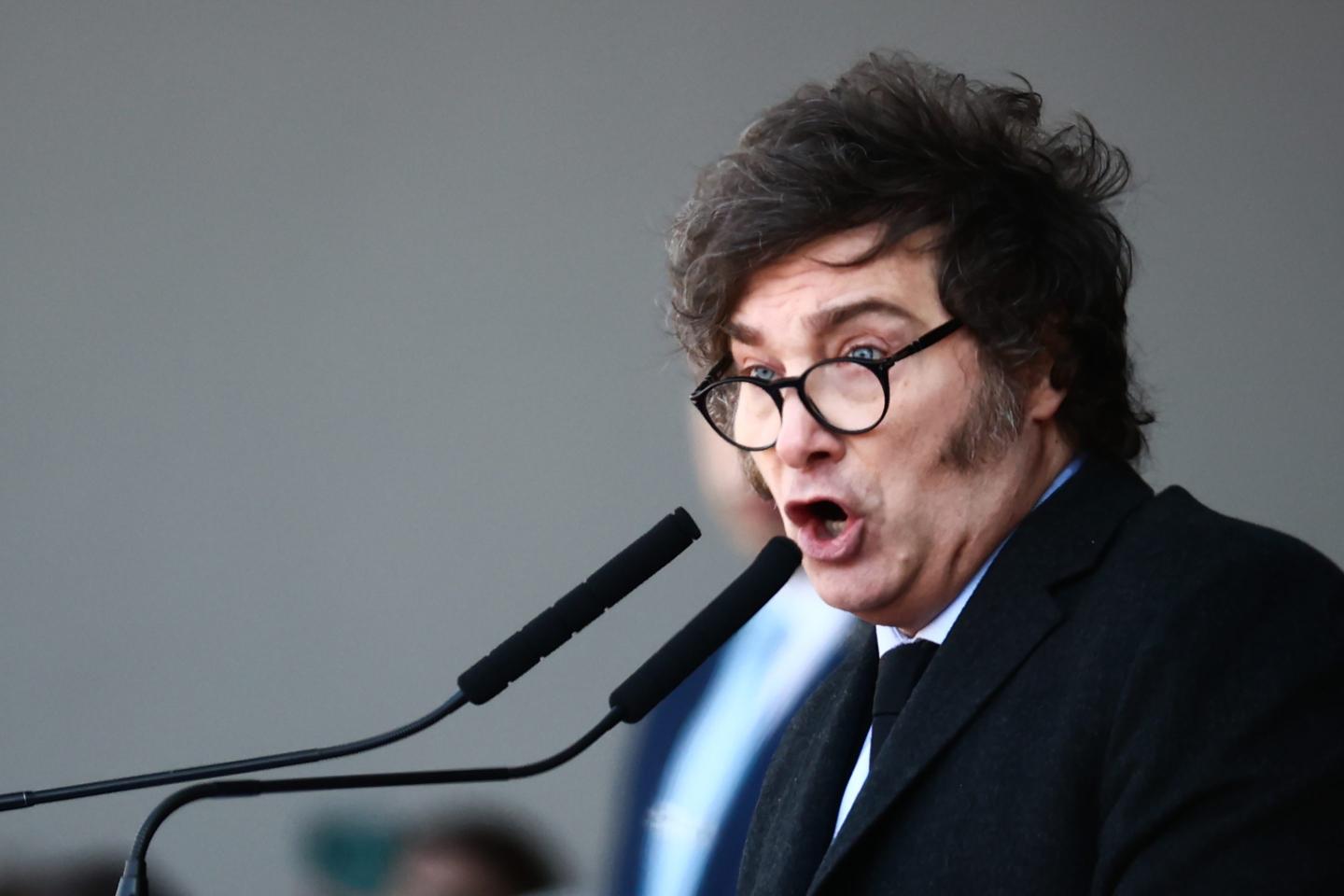 Javier Milei speaks into microphone