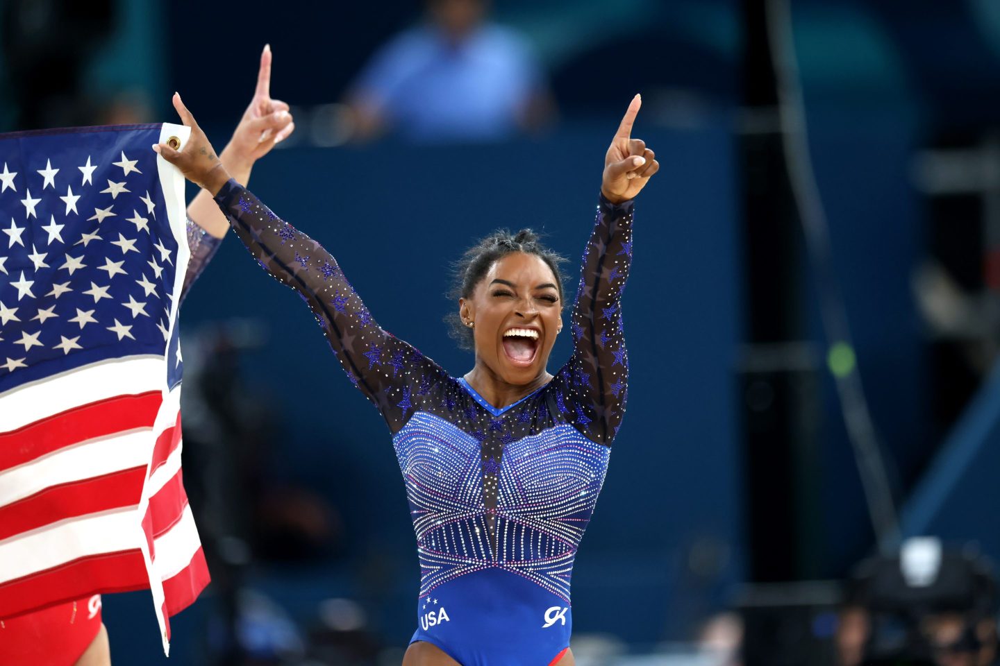 Simone Biles of Team United States celebrates after competing in the Artistic Gymnastics Women's All-Around Final.