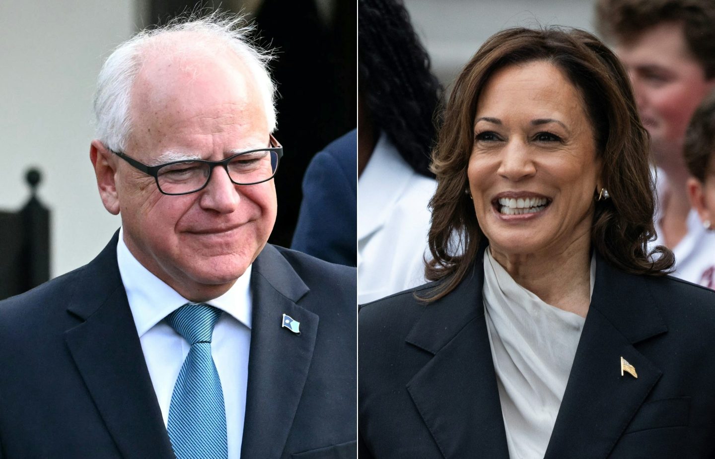 Tim Walz, left, and Kamala Harris on the right, in two separate photos.