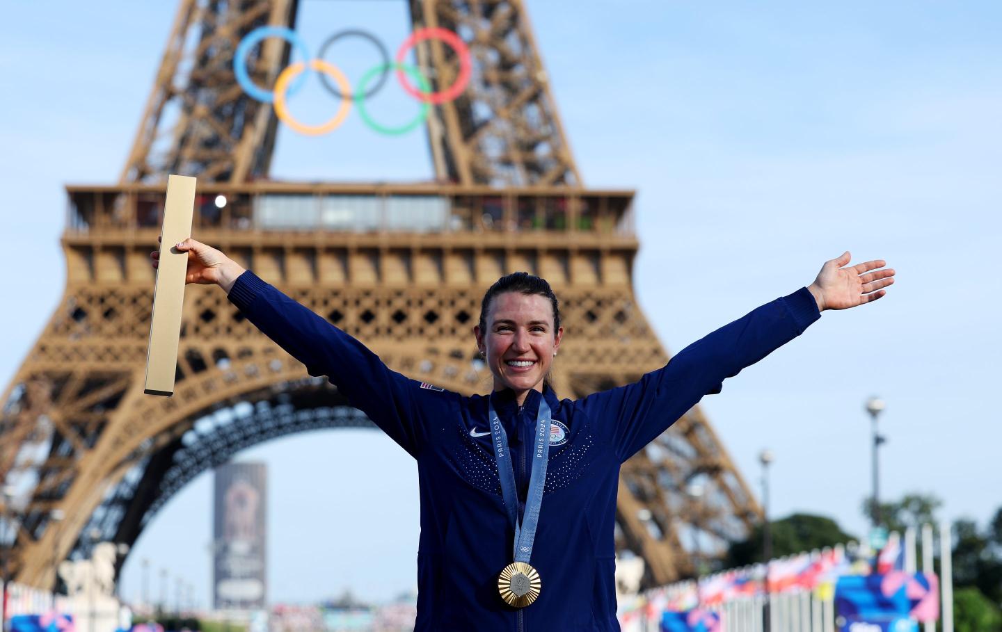 Kristen Faulkner on the Olympic podium on Aug. 4, 2024.
