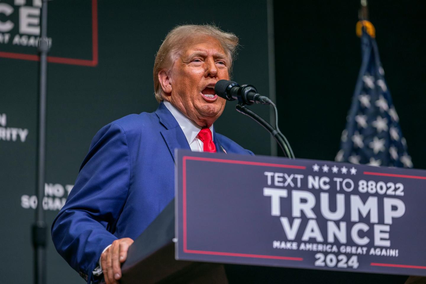 Republican presidential nominee former President Donald Trump speaks at a campaign event